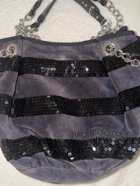 Juicy Couture Gray Suede Shoulder Bag with Black Sequin Stripes